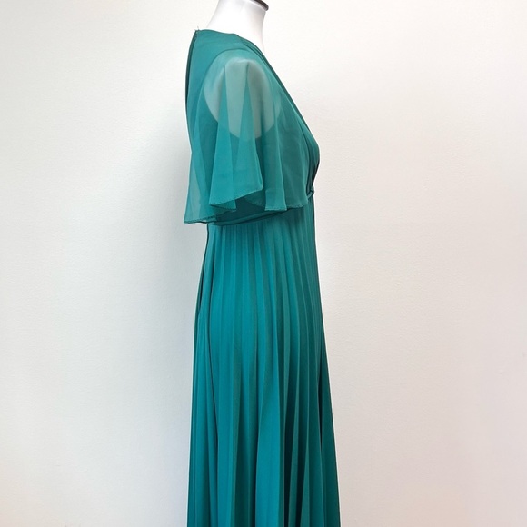Vintage Mid Century Teal Chiffon Cape Pleated Formal Goddess Maxi Dress Gown - Picture 10 of 13